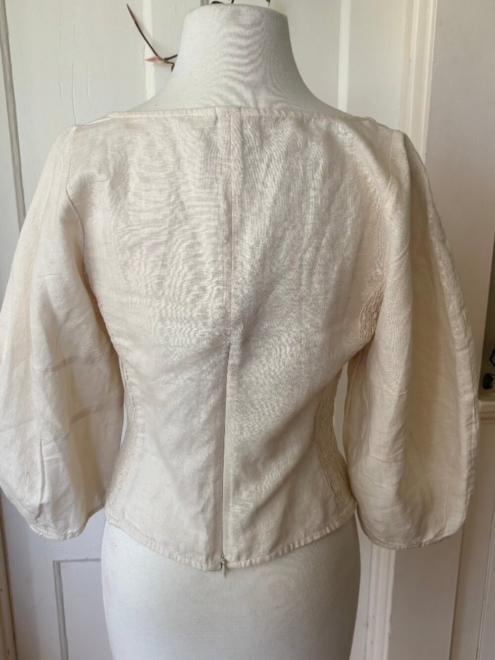 White Creme Banana Republic Linen-Blend Seamed Top Square Neck Smocked Balloon - Picture 8 of 16